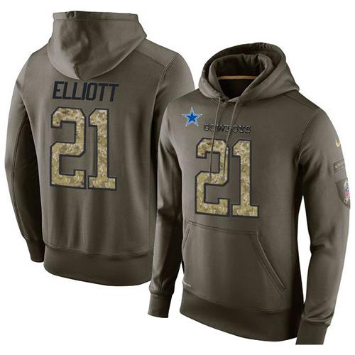 NFL Men's Nike Dallas Cowboys #21 Ezekiel Elliott Stitched Green Olive Salute To Service KO Performance Hoodie